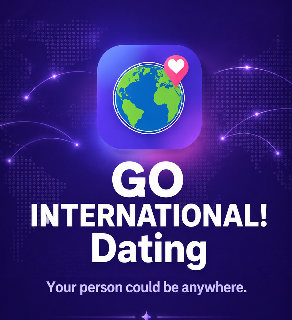 GO INTERNATIONAL! Dating artwork with globe app icon and the tagline Your person could be anywhere.